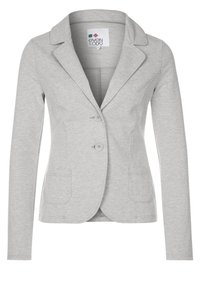 Jasnoszara marynarka wykonana z miękkiej tkaniny, z wciętym kołnierzem, dwoma guzikami z przodu oraz dwoma naszywanymi kieszeniami. Gładka faktura i dopasowany krój.