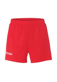 Rode sportieve shorts gemaakt van ademend materiaal, met een elastische tailleband en een wit "Kempa" logo aan de linkerkant.