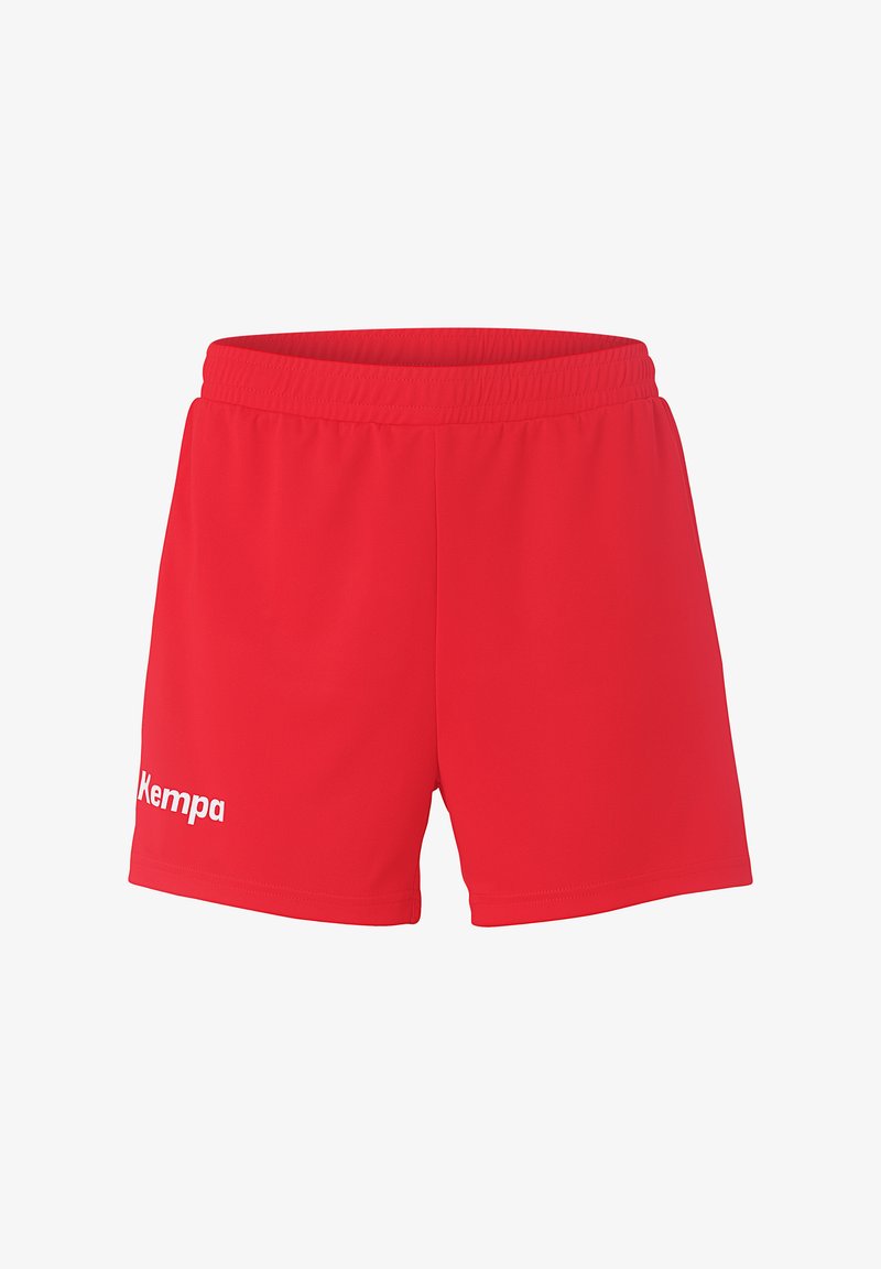 Rode sportieve shorts gemaakt van ademend materiaal, met een elastische tailleband en een wit "Kempa" logo aan de linkerkant.