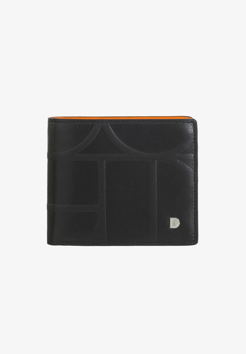 Zwarte leren portemonnee met een geometrisch reliëfpatroon, oranje interieur, bi-fold stijl en een klein metalen logo-accent.