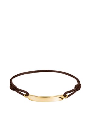 Braunes Lederarmband mit einer glatten, gebogenen goldenen Metallstange als Mittelpunkt und verstellbaren Knoten auf beiden Seiten.