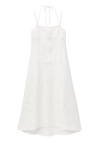 Robe blanche sans manches avec col halter, fines bretelles et ourlet légèrement évasé et asymétrique.