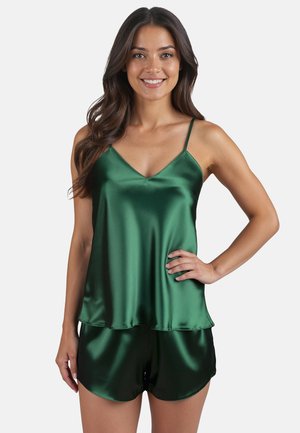 Green satin sleep set featuring a V-neck cami and matching shorts with scalloped hem. The fabric has a smooth, glossy finish.