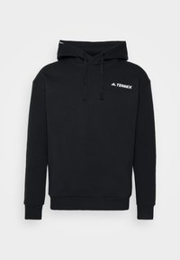 Sudadera negra Terrex con bolsillo tipo canguro, capucha ajustable con cordón y logo blanco en el lado izquierdo del pecho. Material de mezcla de algodón.