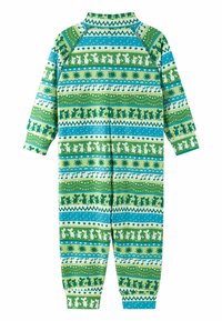 Zielono-niebieski kombinezon w wzory z paskami, kształtami geometrycznymi i sylwetkami postaci. Miękki materiał z długimi rękawami i wysokim kołnierzem.