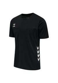 Sort kortærmet T-shirt lavet af glat stof, med to forlommer, rund halsudskæring og hvide chevron-detaljer på siderne.