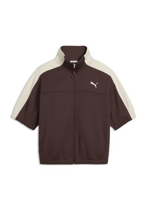 Kortärmelig bruin-beige sportjack met ritssluiting, opstaande kraag en Puma-logo op de linkerborst.