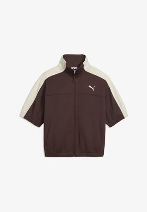 Kortärmelig bruin-beige sportjack met ritssluiting, opstaande kraag en Puma-logo op de linkerborst.