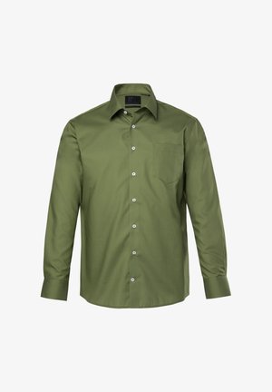 Langærmet, knappet skjorte i olivengrøn bomuld med en enkelt brystlomme og hvide knapper, med klassisk krave og lige kant.