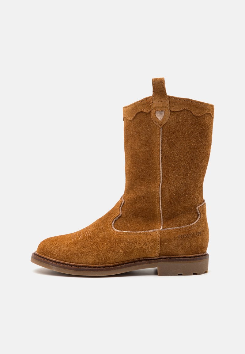 Braune Wildlederstiefel bis zur Wade mit gestickten Dekorationsmustern, Zuglasche oben, flacher Sohle und leichtem Absatz, auf einem weißen Hintergrund präsentiert.