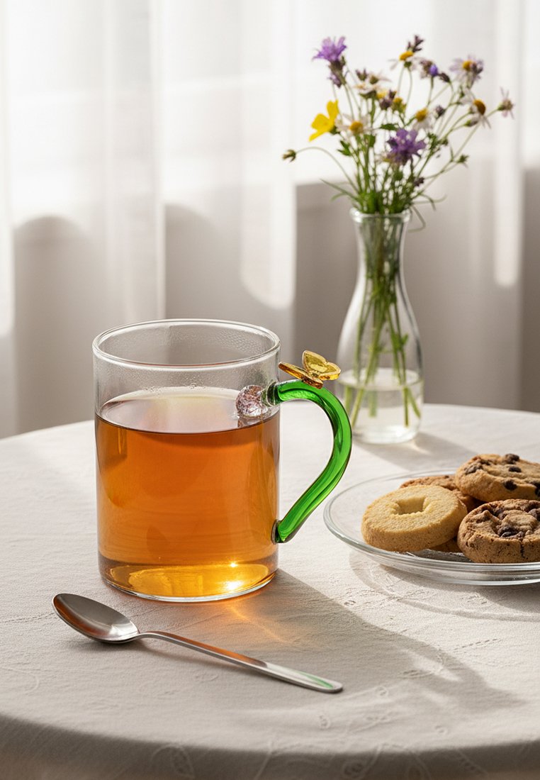 Przezroczysty szklany kubek z bursztynową herbatą i zielonym uchwytem w kształcie motyla, łyżka na białym obrusie, talerz z różnorodnymi ciasteczkami oraz dzikie kwiaty w szklanym wazonie obok.