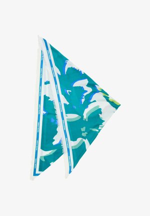 Écharpe triangulaire turquoise et blanche avec un motif floral, bords à franges, et le texte "SOURIEZ DAVANTAGE" le long de la bordure en bleu et blanc.