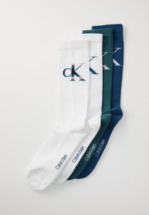 Calzini Calvin Klein in bianco, turchese e blu navy. Texture a costine con logo sulla parte anteriore e marchio sul retro. Design coerente tra i colori.
