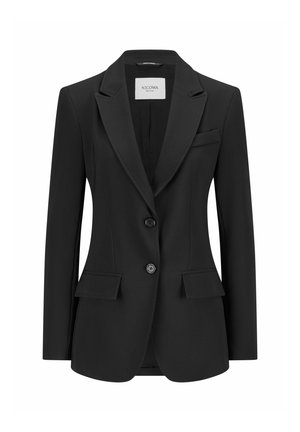 Schwarzer Blazer aus glattem Stoff mit taillierter Passform, einem Knopfverschluss, gekerbten Revers und zwei Fronttaschen. Etikett sichtbar im Inneren.