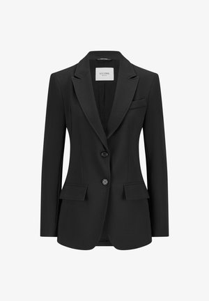 Zwarte blazer van gladde stof met een getailleerde pasvorm, enkele knoopsluiting, notch revers en twee voorzakken. Etiket zichtbaar aan de binnenzijde.
