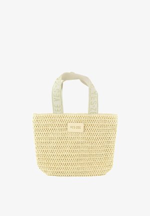 Piccola borsa tote beige intrecciata con manici in tessuto larghi, con la scritta "YES ZEE" e una toppa rettangolare con logo abbinata sul davanti.