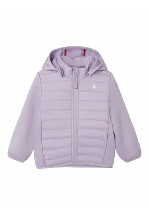 Lavender hooded jacket with quilted front, smooth back, and side pockets. Features a front zipper and contrasting red accents inside.
