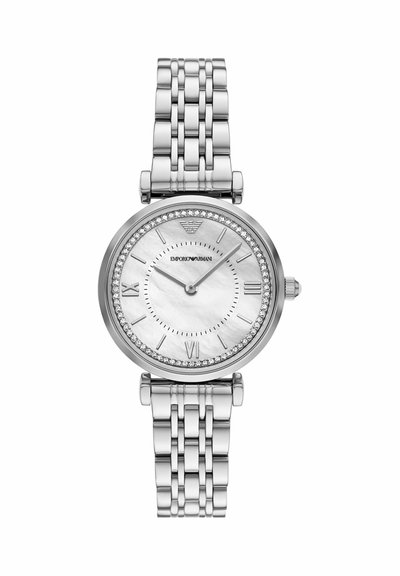 Sølv Emporio Armani armbåndsur med perlemorsskive, krystalramme, romertal og ledet metalrem.