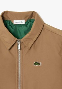 Veste Lacoste marron avec doublure intérieure verte, fermeture éclair argentée et petit logo crocodile vert sur la poitrine.