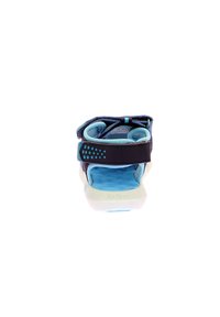 Sandalias para niños con un diseño en azul marino y azul claro, correa ajustable, suelas acolchadas y un interior texturizado para mayor comodidad.