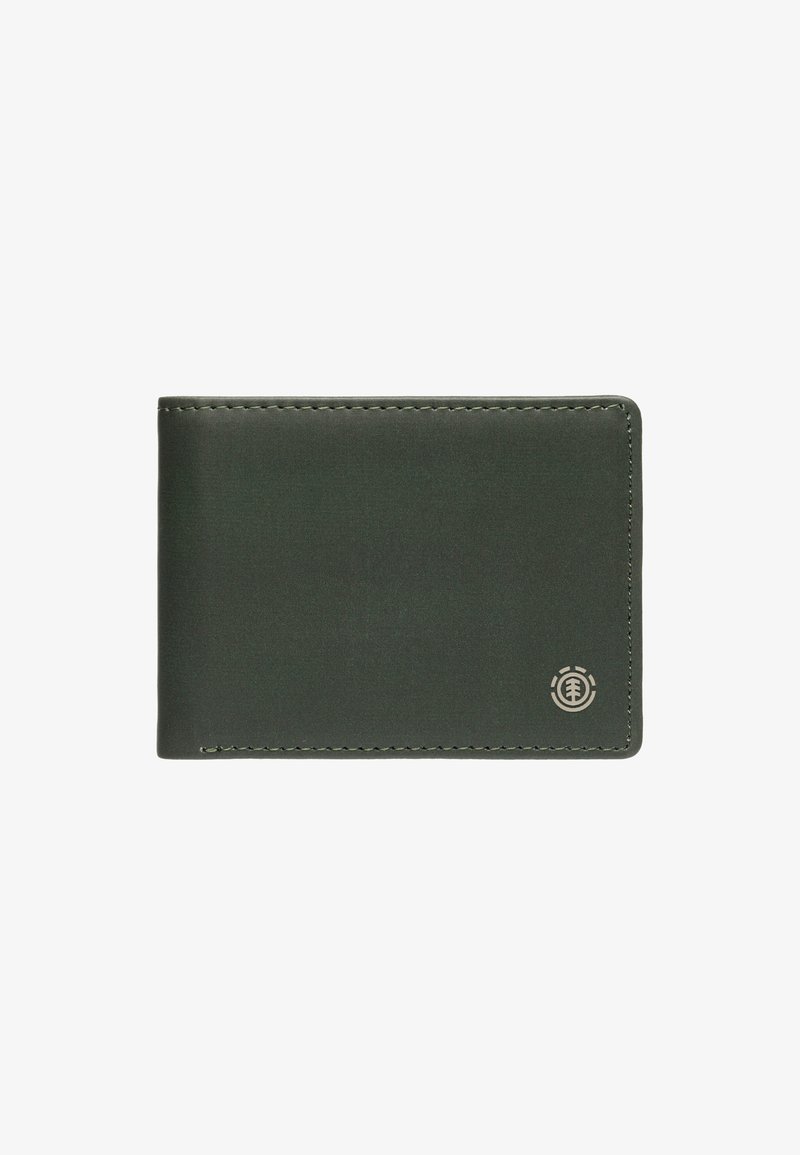 Green faux leather wallet with a smooth texture, rectangular shape, and subtle logo accent in lower right corner. Stitched edges.