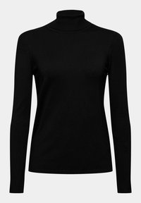 Zwarte coltrui met lange mouwen, geribbelde manchetten en halslijn, gemaakt van een gladde, rekbare stof, met een aangesloten silhouet.