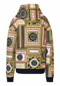 Kapuzensweatshirt mit einem auffälligen goldenen, rosa und schwarzen Barockmuster, mit gerippten Bündchen und Saum sowie einer geräumigen Rückentasche.