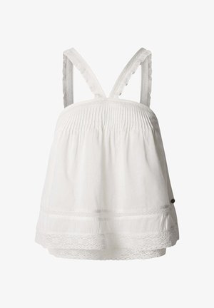 Hvid bomuldsbluse med smock-detaljer, blondekant ved kanten og justerbare volang-stropper. Letvægtsstof, afslappet pasform.
