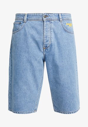 Denim shorts in light blue, featuring a regular fit, five-pocket design, and yellow brand logo on the front pocket.