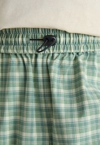 Groene geruite shorts met een elastische tailleband en zwarte trekkoorddetails. De stof is lichtgewicht en heeft een vierkant patroon.