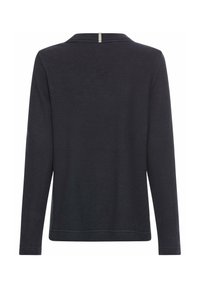 Mørkeblå pullover med lange ærmer, tekstureret overflade, diskret krave og en lynlåsdetalje bagpå. Lige søm og afslappet pasform.