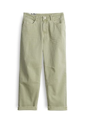 Hellgrüne, lässig geschnittene Hosen mit einem Knopfverschluss, Fünf-Taschen-Design und genähten Details auf der Vorder- und Rückseite. Umschlag am Saum.