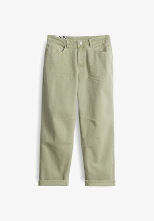 Pantaloni verdi chiaro, dalla vestibilità comoda, con chiusura a bottone, design a cinque tasche e dettagli cuciti sul davanti e sul retro. Orlo con risvolto.