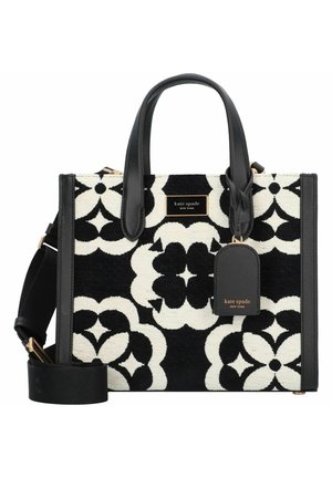 Sort-hvid blomsterprint Kate Spade håndtaske med sorte læderhåndtag, aftagelig skulderrem og mærketag foran.
