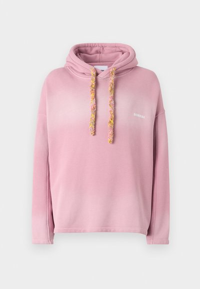 Pink hoodie with an ombre effect, featuring a front pocket, drawstrings with a textured finish, and a small logo on the chest.