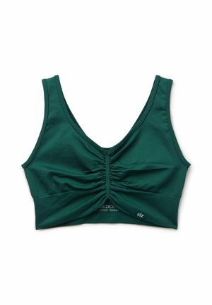 Grön, mjuk stretchig tygbralet med en djup V-halsringning, samlad detalj i mitten och breda remmar. Etiketten läser "clz" nära botten.