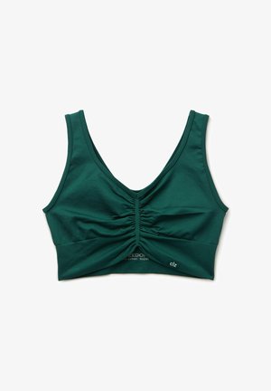 Groene, zachte rekbare stof bralette met een diepe V-halslijn, geplooid middenstuk en brede bandjes. Het label zegt "clz" nabij de onderkant.
