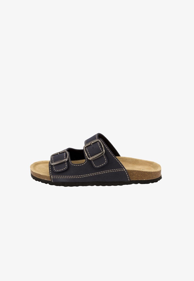 Sandale noire à glissière avec deux brides réglables à boucle, semelle intérieure beige rembourrée et semelle extérieure noire texturée, vue de côté sur fond blanc.