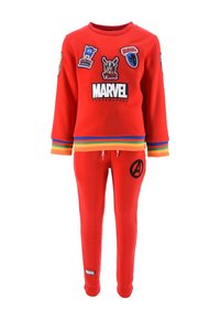Red sweatshirt and pants set, featuring Marvel logos and patches. Soft cotton blend, rainbow striped bottom hem, and elastic waistband.