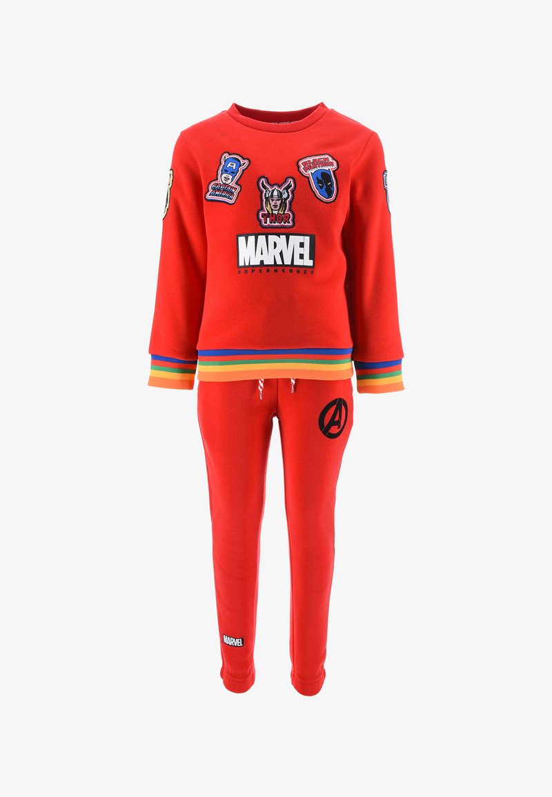 Red sweatshirt and pants set, featuring Marvel logos and patches. Soft cotton blend, rainbow striped bottom hem, and elastic waistband.