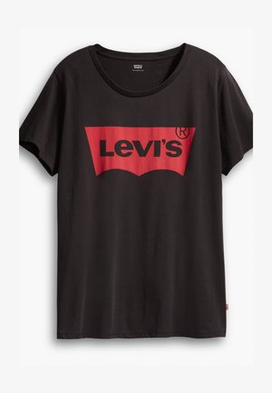Black cotton t-shirt with short sleeves, featuring a large red Levi's logo in a curved design across the front. Round neckline, casual fit.