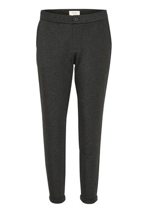 Pantalons ajustés gris foncé en tissu doux et texturé avec une fermeture à bouton à la taille et des ourlets retroussés aux chevilles.