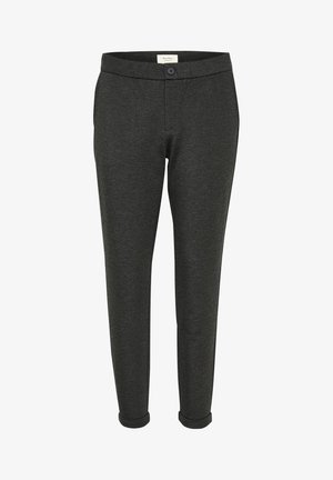 Pantalons ajustés gris foncé en tissu doux et texturé avec une fermeture à bouton à la taille et des ourlets retroussés aux chevilles.