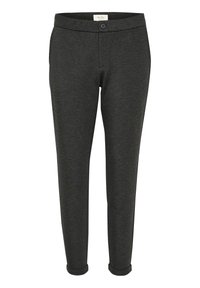 Donkergrijze op maat gemaakte broek met een gladde stofstructuur, een knoop tailleband en manchetten bij de enkels. Kenmerkt zich door een slim fit ontwerp.