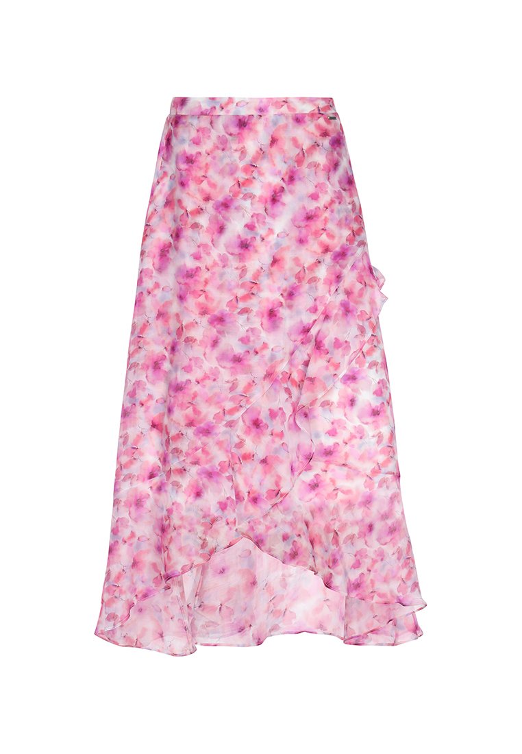 Maxirock aus leichtem, durchscheinendem Stoff. Pinkes Blumenmuster mit gerüschtem Saum. Fließendes Design, das subtile Variationen in der Farbintensität aufweist.