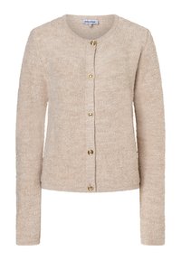 Beige textuur cardigan met lange mouwen, ronde halslijn en gouden knopen aan de voorkant. Zachte stof met een gezellige uitstraling.