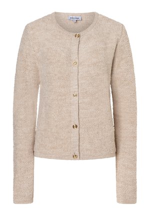 Beige textured cardigan with long sleeves, round neckline, and goldtone buttons down the front. Soft fabric with a cozy appearance.