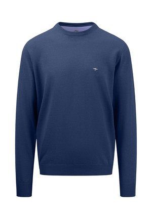 Dunkelblauer Pullover aus Strickmaterial, mit rundem Halsausschnitt, langen Ärmeln und einem kleinen Logo auf der Brust. Gerippte Bündchen und Saum.