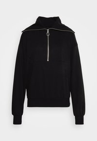 Sweat à col montant noir avec fermeture éclair demi-zip et poignets côtelés. Fabriqué en tissu doux avec une coupe décontractée et un design sans coutures.
