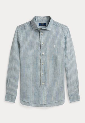 Light blue long-sleeve button-up shirt with white vertical stripes and a small embroidered logo on the chest.